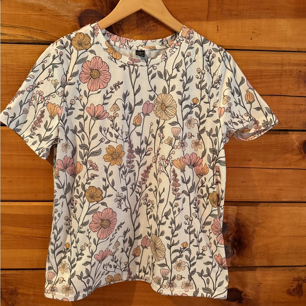 SHEIN Botanical Print Short Sleeve Tee - Pink, Yellow, Cream
